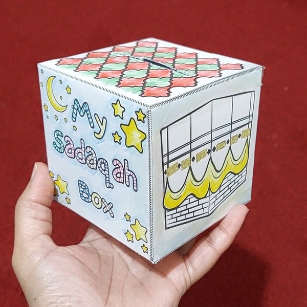 Printable DIY Sadaqah box printable Sadaqah box craft kids printable Ramadan colouring craft for kids printable Ramadan activity money box