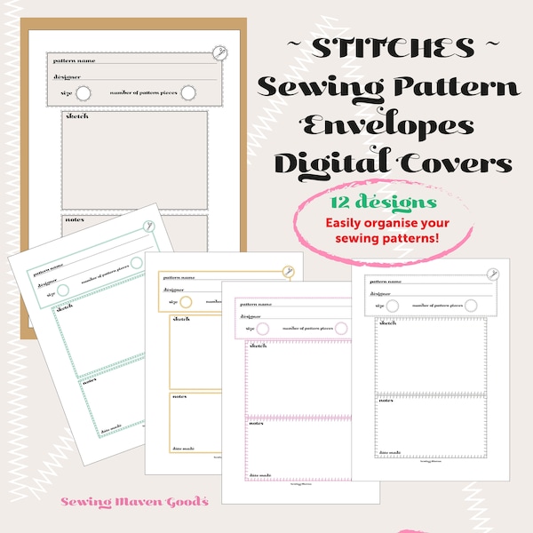 The Stitches Printable Pattern Envelope Sheets. PDF envelope cover template Sewing Pattern Storage Solution, print at home digital organiser