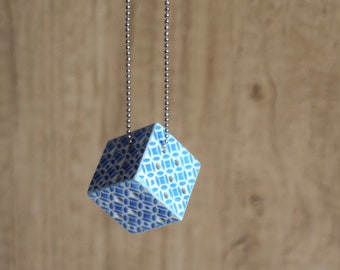 Polymer clay decorated cube necklace, Portugal ceramic tiles inspired jewelry, Modern polymer clay art jewelry, 3-d Geometric pendant