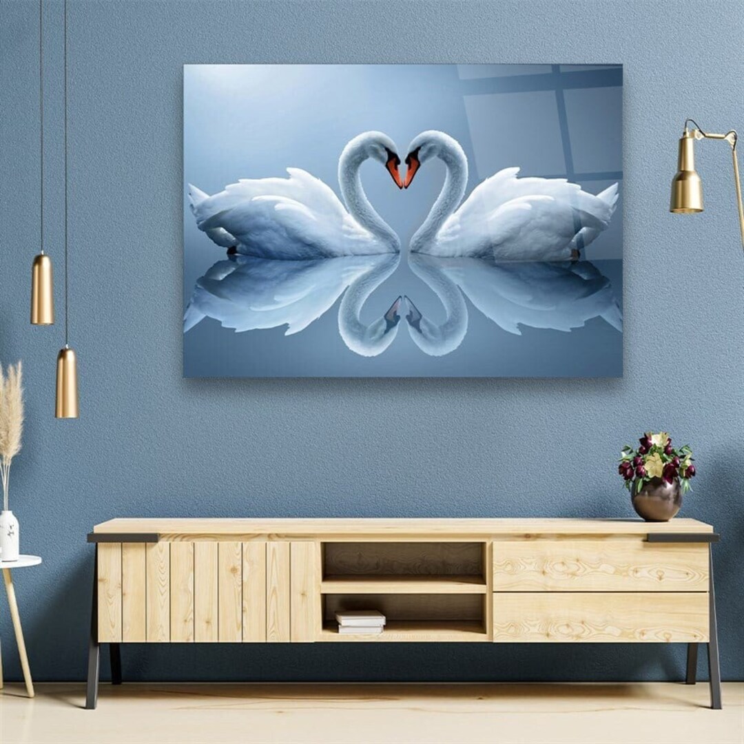 Tempered Glass Framed Wall Art, Swans, Swan Wall Decor, Wall Hanging