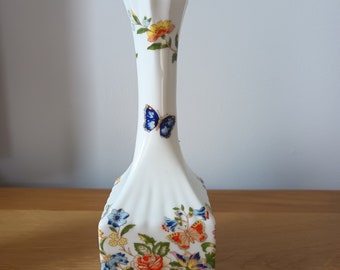 Aynsley Cottage Garden Vase Bone China Bud Vase Blue & Red Butterfly and Flowers