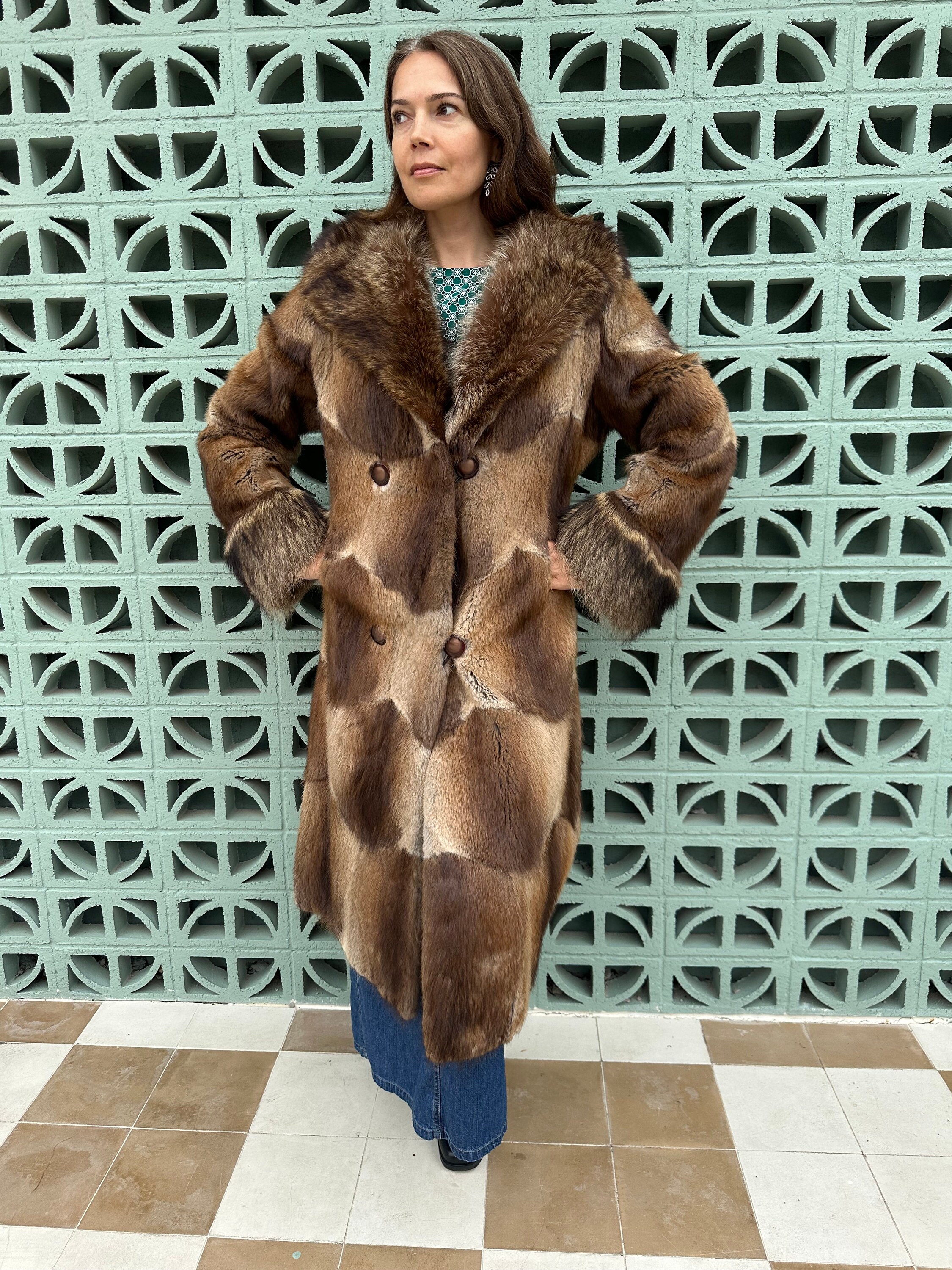 Vintage Womens Long Fur Coat Unique Patchwork Style Side Pockets