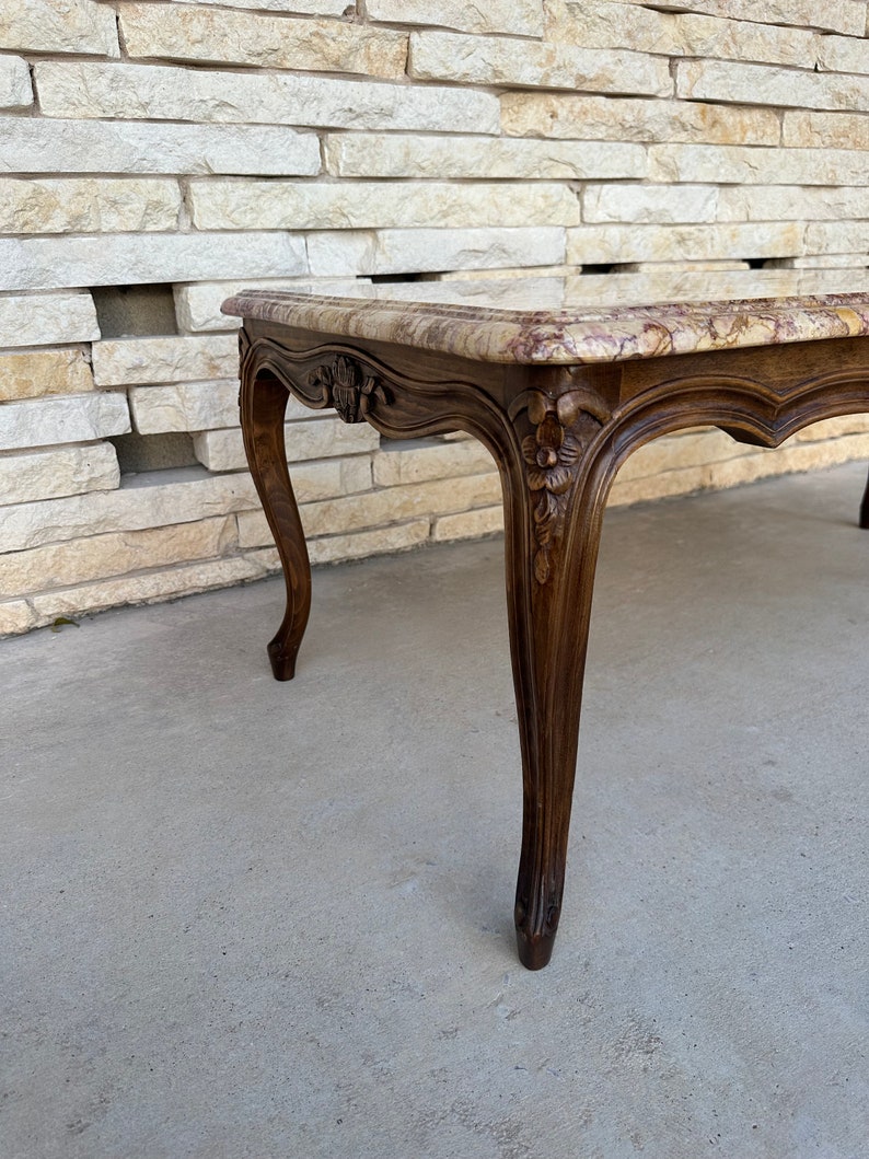 Louis XV Style Coffee Table With Marble Top and Walnut Base With Carved Floral Details