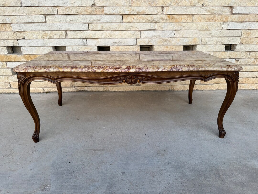 Louis XV Style Coffee Table With Marble Top and Walnut Base With Carved Floral Details