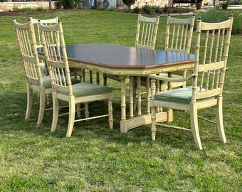 C. 1970s Mid Century 8-Piece Faux Bamboo Wooden Dining Set, Table, Leaf, Six Chairs by Stanley