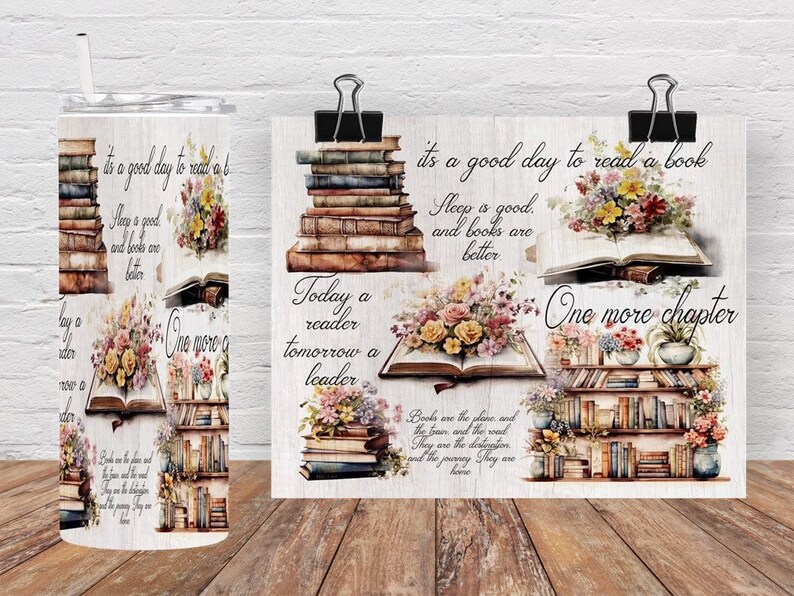 Pode incluir: Um copo branco com um design floral e cita&ccedil;&otilde;es sobre leitura. As cita&ccedil;&otilde;es incluem "&Eacute; um bom dia para ler um livro", "Dormir &eacute; bom, e os livros s&atilde;o melhores", "Hoje um leitor, amanh&atilde; um l&iacute;der", e "Mais um cap&iacute;tulo".