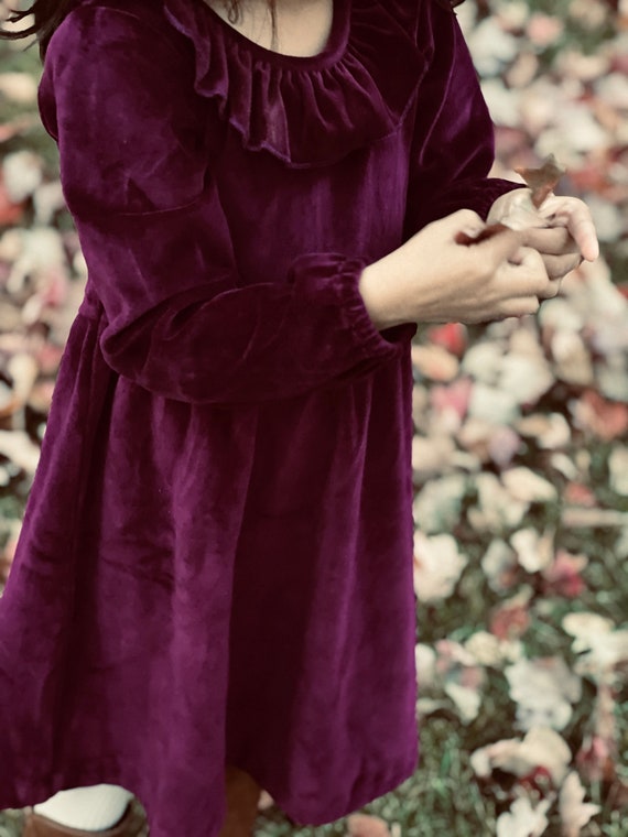 WINTER BLOOM - Premium Cotton Velour Magenta Purple Toddler/little Girls' Dress **ready to Ship**