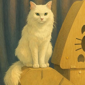 Puede incluir: Un gato blanco con ojos verdes sentado en una casa de cartón para gatos. La casa para gatos tiene una abertura redonda y está hecha de cartón marrón.