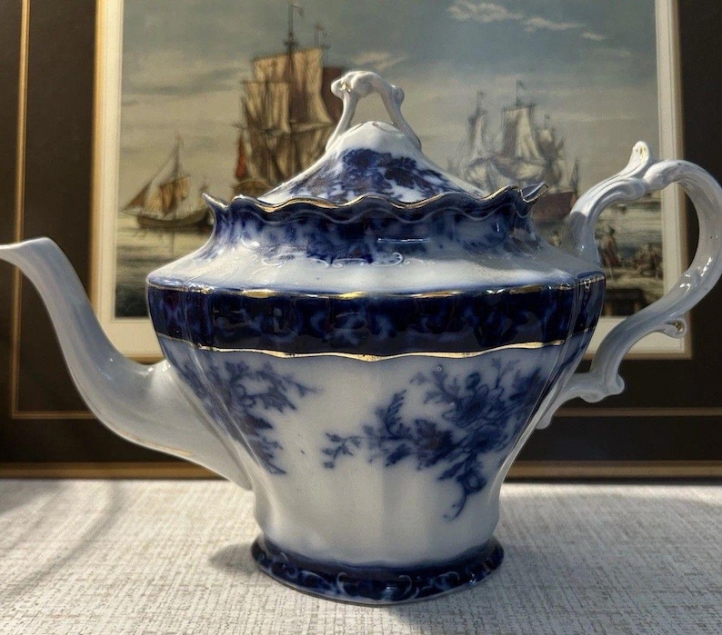 Antique Stanley Pottery Touraine Flow Blue Teapot Made In England c1909-1930 image 1