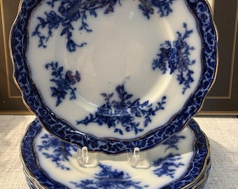 Antique  Henry Alcott Touraine Pottery England Flow Blue Salad Plate Gilt Rims