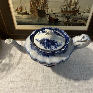 Antique Stanley Pottery Touraine Flow Blue Teapot Made In England c1909-1930 image 2