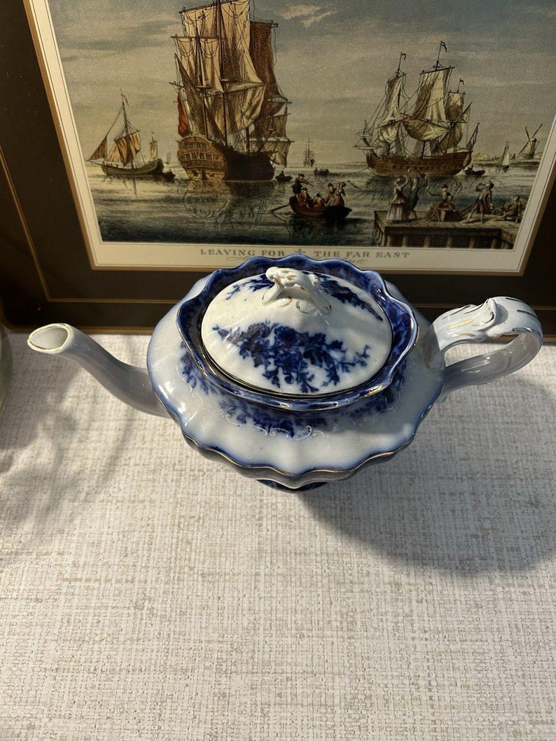 Antique Stanley Pottery Touraine Flow Blue Teapot Made In England c1909-1930 image 2