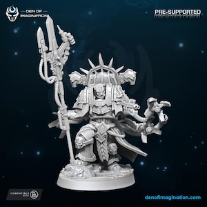 May include: A detailed, gray miniature figure of a warrior in ornate armor, holding a trident-like weapon and a smaller device. The figure has multiple arms and a helmet with spikes. The base is round. Text on the image includes "PRE-SUPPORTED" and "denofimagination.com".
