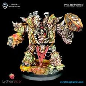 May include: A detailed miniature figure of a war machine, featuring a complex design with multiple mechanical components. The figure is painted in shades of green, brown, and gold, with a red accent. The base is a dark gray, and the figure has a weapon on its right arm.