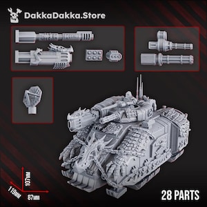 May include: A grey resin model tank kit with 28 parts, featuring dragon-themed armor, a turret with a multi-barrel cannon, and additional weapon options. Dimensions are 119mm by 87mm by 107mm. The text DakkaDakka.Store is visible at the top.
