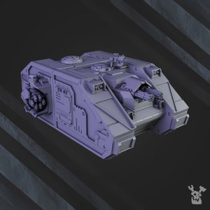 May include: A gray, detailed model of a futuristic armored vehicle with multiple guns and a raised platform on top. The vehicle has a textured surface and appears to be made of plastic.