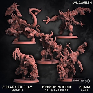 Peut inclure: Présentation de cinq modèles de monstres rouge-brun pour les jeux de table. Chaque figurine présente un design unique et menaçant avec des cornes, des griffes et des dents acérées. La base mesure 50 mm. Le texte indique "5 READY TO PLAY MODELS" et "PRESUPPORTED STL & LYS FILES".