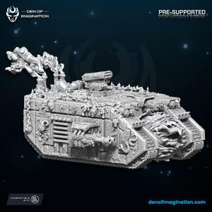 Pode incluir: Um modelo em miniatura de tanque cinzento detalhado com designs intrincados, incluindo um lançador de mísseis e elementos decorativos. O modelo é pré-suportado e apresenta o texto "DEN OF IMAGINATION" e "PRE-SUPPORTED". O endereço do site denofimagination.com também é visível.