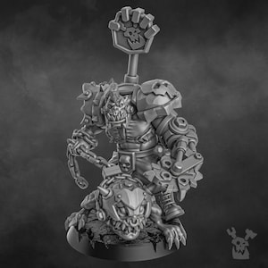 May include: A gray plastic miniature of an Orc warrior with a mechanical arm and a chain weapon. The Orc is wearing armor and holding a mechanical weapon. The Orc is standing on a base with a small, gray, plastic dog.