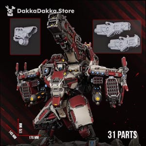 May include: A red and off-white mechanical robot model with a large shoulder-mounted cannon, multiple missile pods, and yellow accents. The kit includes 31 parts, with dimensions of 170 mm by 170 mm by 145 mm. Text reads DakkaDakka.Store.