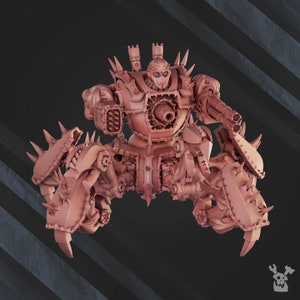 May include: A detailed, 3D printed model of a heavily armed, multi-legged robot. The robot is painted in a light pink color and features a large, central cannon and multiple smaller guns. The robot has a spiked, menacing appearance.