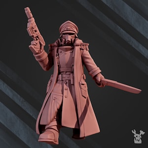 May include: A miniature figure of a soldier wearing a red coat and a gas mask, holding a pistol in one hand and a sword in the other. The figure is painted in a light brown colour.