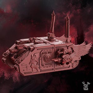 May include: A detailed, reddish-brown model of a futuristic tank with intricate designs. Features include wings, banners, and various weapon systems. The tank has a detailed exterior with sculpted figures and emblems.