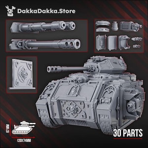 May include: A grey plastic model tank kit with 30 parts, featuring ornate skull and floral relief details. The kit includes a main turret, side panels, and weapon options. Text reads DakkaDakka.Store and 30 PARTS, with a 67 mm by 120x74 mm diagram.