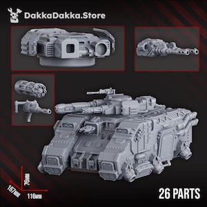 May include: A grey plastic model tank kit with 26 parts, featuring a turret, multiple weapon options, and detailed armor plating. The kit includes a main hull, a rotating turret, and various gun attachments. Dimensions are 167mm by 116mm by 76mm.