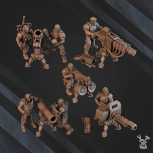May include: A set of six miniature figures, each depicting a soldier with a different weapon. The figures are made of a brown plastic material and are posed in various action stances. The weapons include a mortar, a machine gun, and a heavy machine gun.