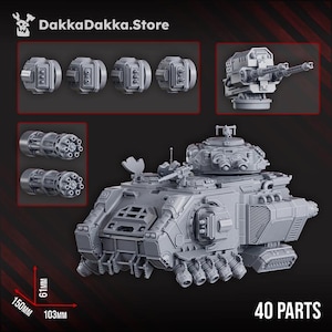 May include: A gray model tank with various components, including turrets and cannons. The image includes the text "DakkaDakka.Store" and "40 PARTS". Dimensions are 150mm x 103mm x 61mm.