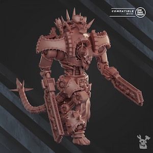 May include: A detailed, 3D printed model of a robotic creature with a spiked head, a large chainsaw, and a long, spiked tail. The model is painted in a reddish-brown color and is compatible with One Page Rules.