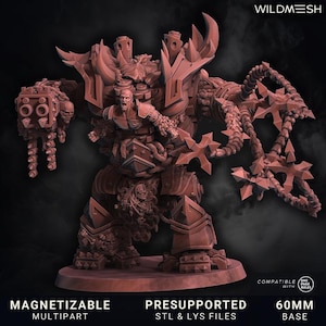 May include: A detailed, reddish-brown miniature figure of a warrior with a menacing expression. The figure is heavily armored, with intricate details on the armor, weapons, and base. The figure has a 60mm base and is magnetizable and multipart. The text "WILDMESH" is visible.