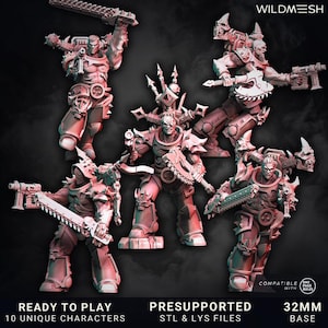 May include: A collection of detailed, red and gray miniature figures, each armed with weapons. The figures are in dynamic poses, suggesting action. Text on the image reads "READY TO PLAY", "PRESUPPORTED", and "32MM BASE". The Wildmesh logo is visible.