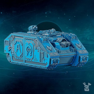 May include: A detailed blue model of a futuristic tank, featuring intricate designs and weaponry. The tank has the letter "A" and a skull symbol on its side. The model is set against a dark, space-themed background.