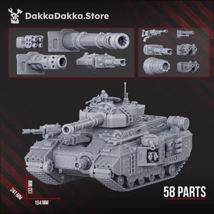 May include: A gray plastic model tank with multiple detachable parts, including turrets and cannons. The tank measures 194 mm wide, 133 mm high, and 241 mm long. The image also displays the text "DakkaDakka.Store" and "58 PARTS".