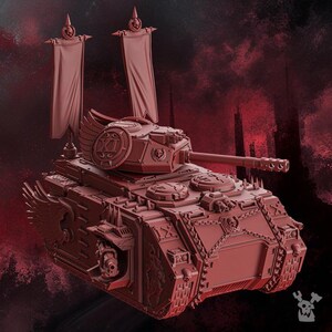May include: A detailed, red-toned model of a tank with intricate detailing, including wings, banners, and a large cannon. The tank has a shield emblem and is designed with a military theme. The background is a dark red, smoky effect.