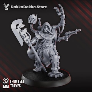 May include: A grey miniature figure of a hooded character with mechanical arms, a weapon, and a skull-shaped helmet. The figure is 3.2 cm from feet to eyes. The DakkaDakka.Store logo is in the top left corner.