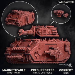 Puede incluir: Modelo rojo detallado de un tanque de guerra con un cañón en forma de calavera y varios accesorios de armas. La imagen incluye el texto "WILDMESH", "MAGNETIZABLE MULTIPART", "PRESUPPORTED STL & LYS FILES" y "CORRECT SIZE".