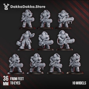 May include: Ten grey miniature figures are displayed, each holding a large gun. The figures are posed as if ready for combat. The image includes the text "36 mm from feet to eyes" and "10 models". The DakkaDakka.Store logo is visible.