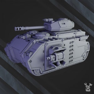 May include: A grey 3D printed model of a futuristic tank with a large cannon and detailed features.