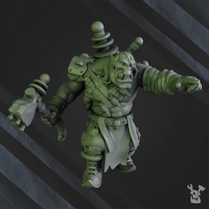 May include: A green plastic miniature figurine of an Orc warrior holding a hammer. The Orc is wearing a kilt, armour, and a helmet with a large, round, spiked top.