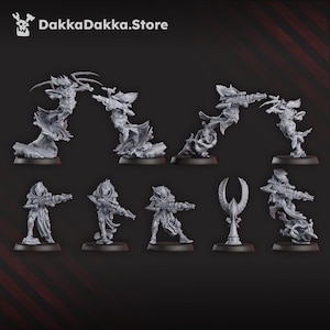 May include: A collection of gray miniature figurines, including warriors with weapons and dynamic poses, and a decorative stand with a wing design. The DakkaDakka.Store logo is in the top left corner.