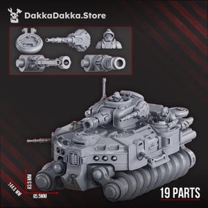 May include: A grey model tank with various components, such as a turret, cannon, and crew figures. The tank's dimensions are 14.5 cm high, 8.4 cm wide, and 8.6 cm long. The image also displays the text "19 PARTS" and the store name "DakkaDakka.Store".
