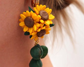 Sunflower Earrings, Handmade Floral Jewelry, Yellow Flower Earrings, Summer Statement Earrings, Polymer Clay Jewelry, Gift for Her