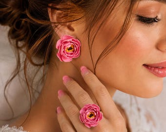 Pink Peony Jewelry Set, Polymer Clay Flower Stud Earrings, Statement Botanical Ring, Romantic Floral Jewelry, Handmade Gift for Her