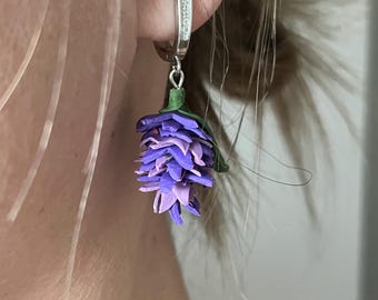 Handcrafted Lavender Clay Earrings – Detailed Floral Hoops with Purple Flowers – One-of-a-Kind Botanical Gift