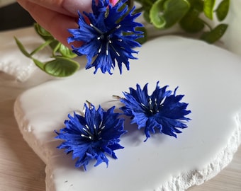 Cornflower Earrings Polymer Clay Handmade, Blue Floral Earrings, Botanical Jewelry, Lightweight Statement Earrings, Gift for Her