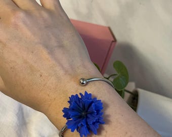 Blue Cornflower Bracelet, Floral Cuff Bracelet, Handmade Statement Jewelry, Botanical Jewelry, Adjustable Silver Bangle Gift for Her