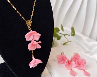 Realistic Pink Hydrangea Jewelry Set, Sterling Silver 925 Flower Earrings and Pendant, Botanical Wedding Jewelry, Romantic Gift for Her